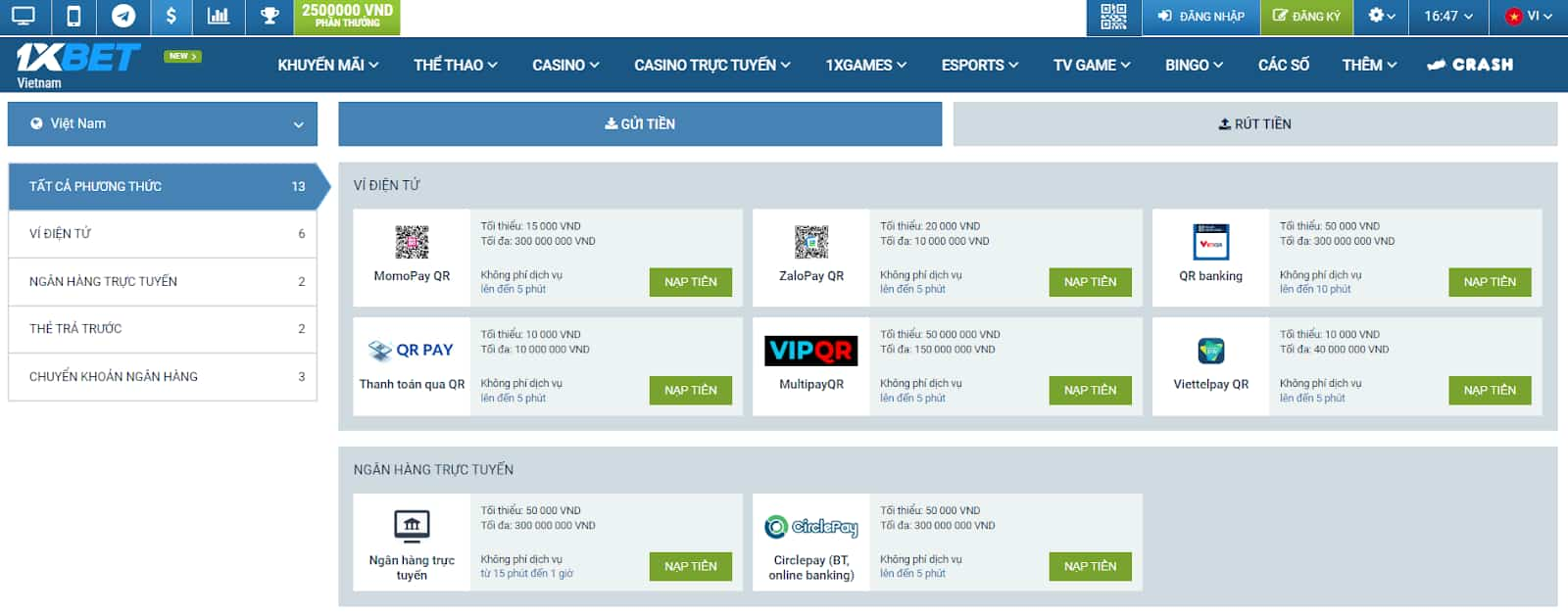 1xbet hỗ trợ nhiều phương thức nạp rút tiền
